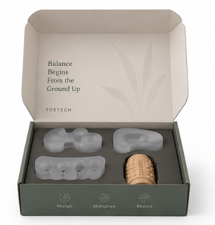 Open Toe-Bar Balance Kit showing bunion corrector toe separator and full toe separator