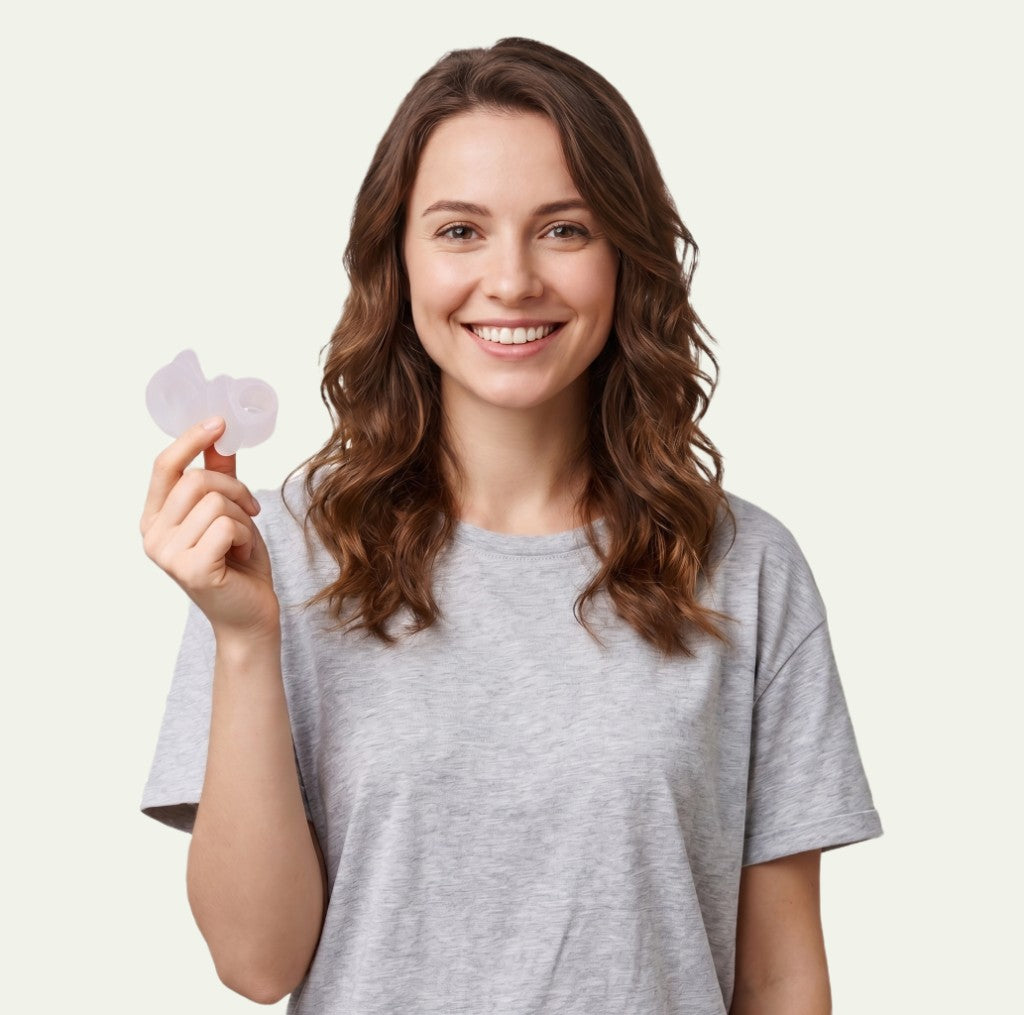 Woman using Toe-Bar bunion corrector for foot pain relief