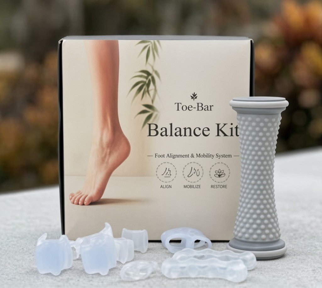 Toe-Bar Balance Kit box with foot roller and silicone toe correctors — foot alignment and mobility system
